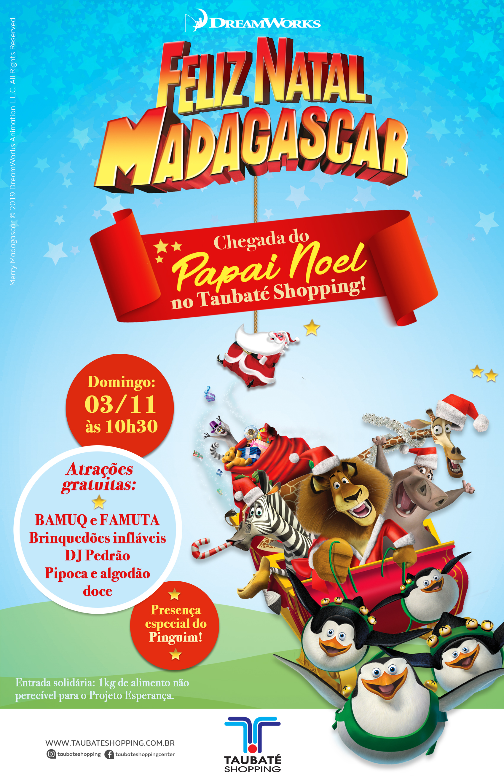 Papai Noel vai chegar ao Taubaté Shopping acompanhado da turma do “Madagascar”