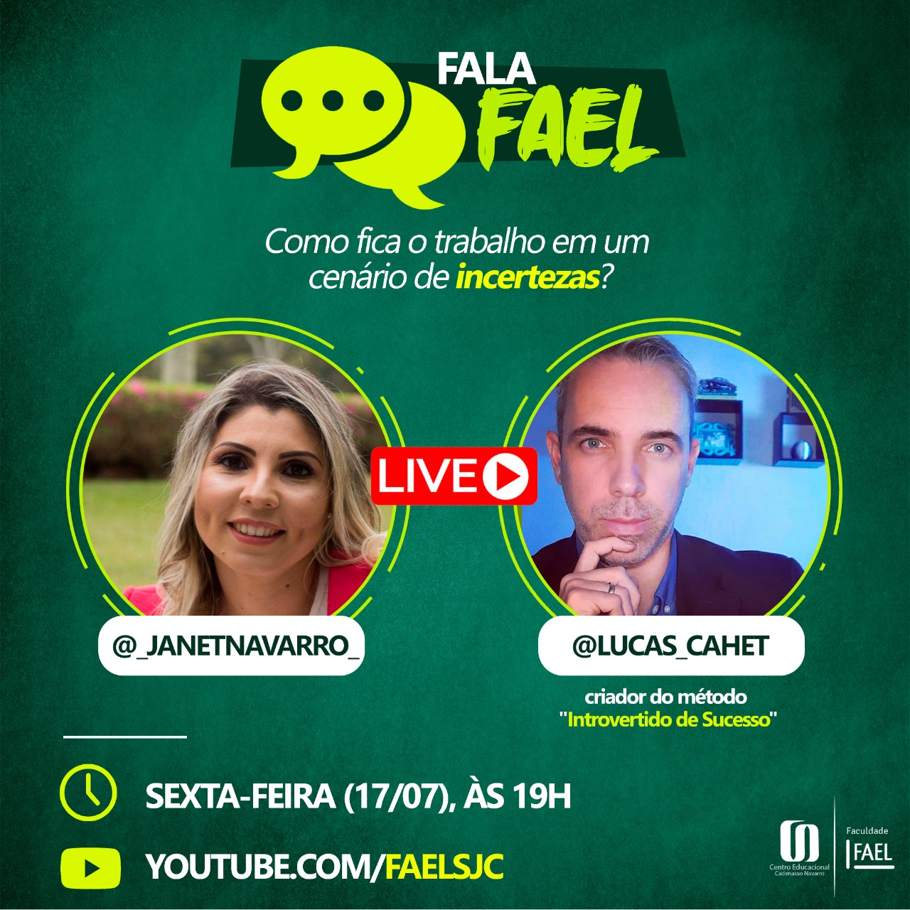 Faculdade FAEL SJC realiza live com Lucas Cahet no Youtube