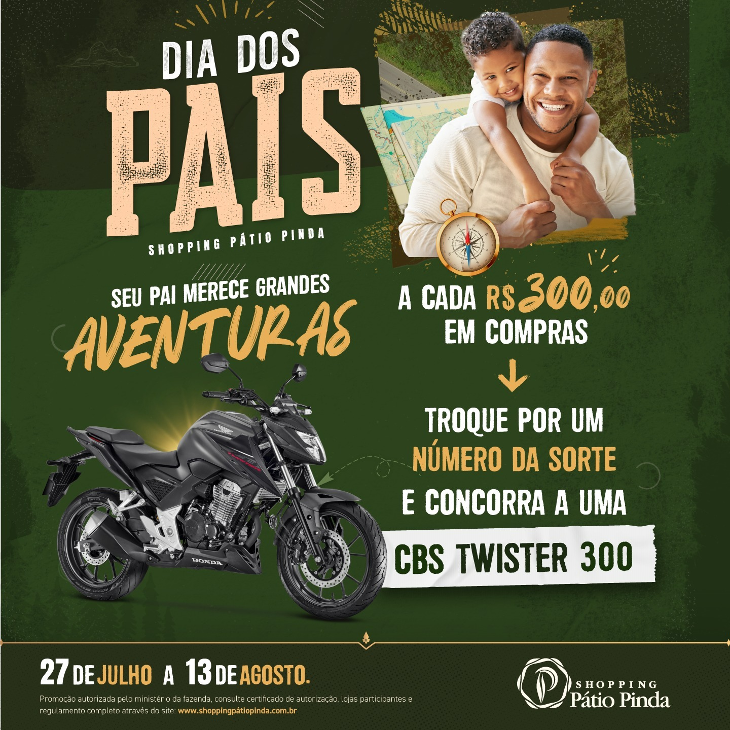 Shopping Pátio Pinda irá sortear uma CBS Twister 300 durante campanha de Dia dos Pais