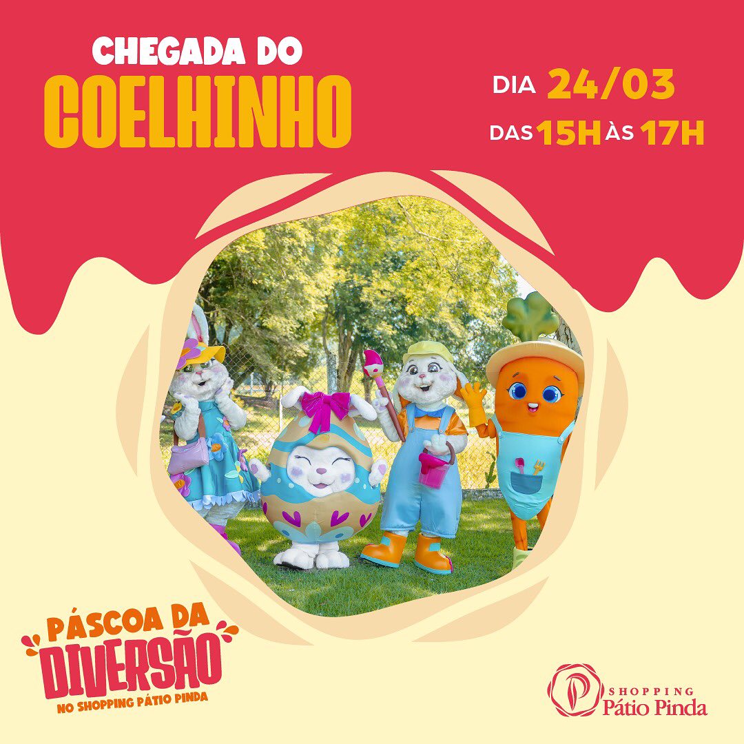 Páscoa Shopping Pátio Pinda: chegada do coelhinho e sua turma acontece neste domingo (24)