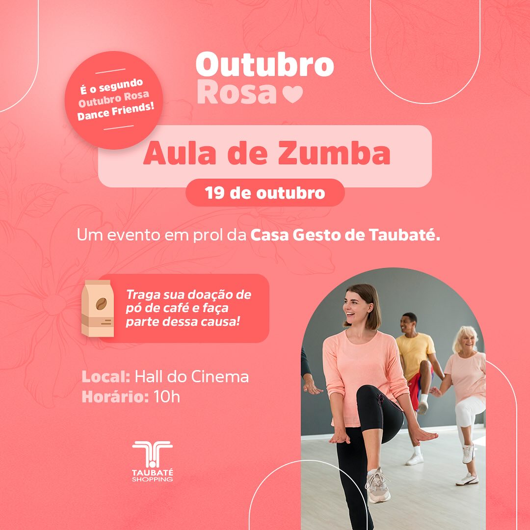 Outubro Rosa: aula gratuita de zumba acontece no Taubaté Shopping neste sábado (19)